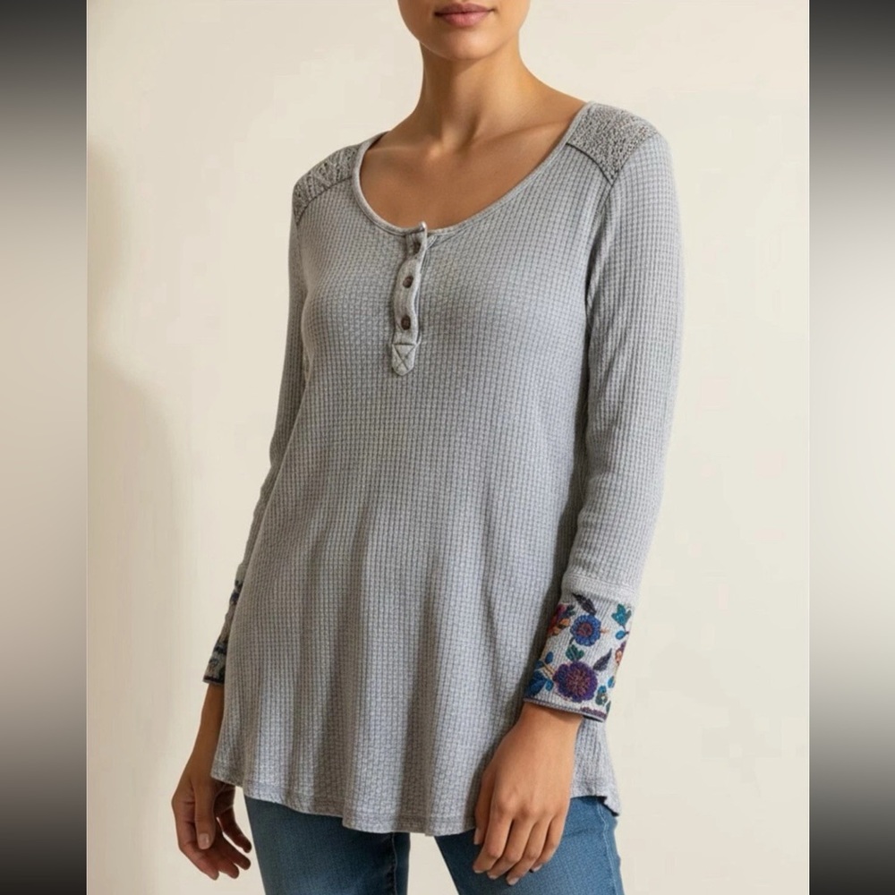 soft surroundings palmer Gray Top embroidered sleeve tunic Waffle Knit Sz 1X